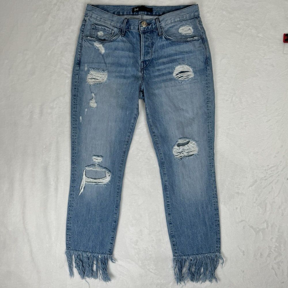 3x1 Mazzy Distressed Straight Leg Jeans Size 26 Mid Rise Relaxed Fringe Cropped